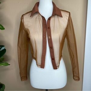 SheIn Curve Brown Sheer Mesh Long Sleeve Button Down Crop Top Size 0XL